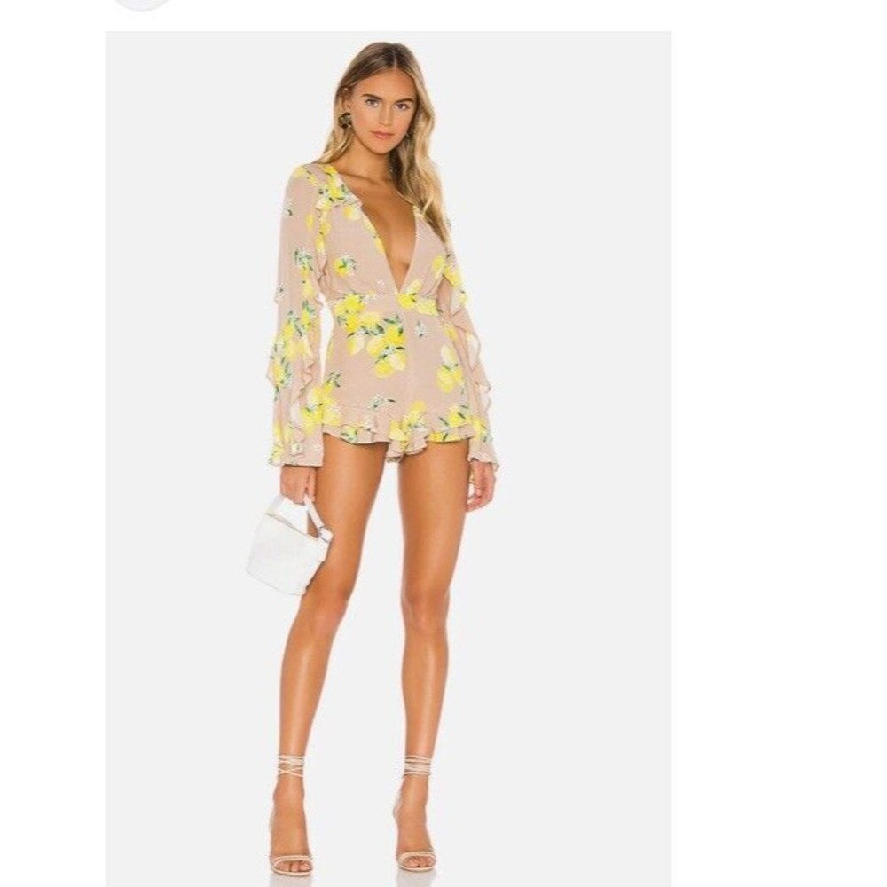 New $198 Majorelle Devon Tan Lemon Long Sleeve Ruffle One Piece Romper Revolve S